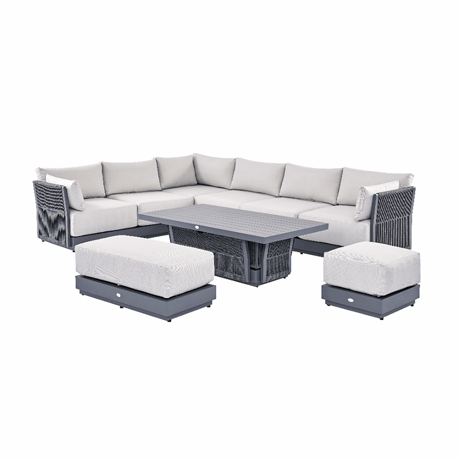 Pedra Rope and Aluminium Large Corner Casual Dining Set with Rising Table, Grey