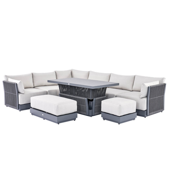 Pedra Rope and Aluminium Large Corner Casual Dining Set with Rising Table, Grey
