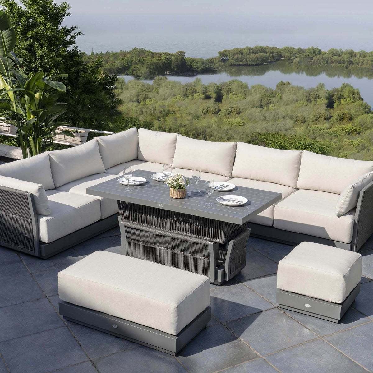 Massive Rising Table Pedra Rope and Aluminium Large Corner Dining Set with Rising Table in ...