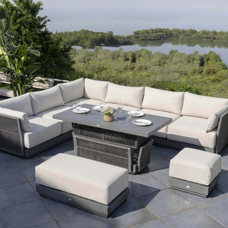 Pedra Rope and Aluminium Large Corner Casual Dining Set with Rising Table, Grey