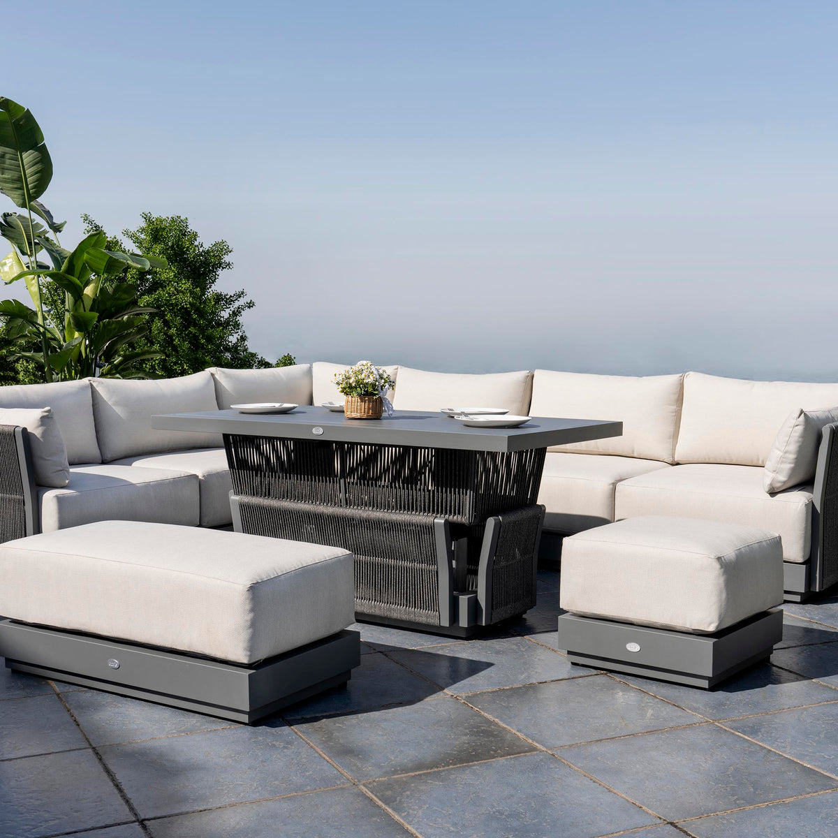 Massive Rising Table Pedra Rope and Aluminium Large Corner Dining Set with Rising Table in ...