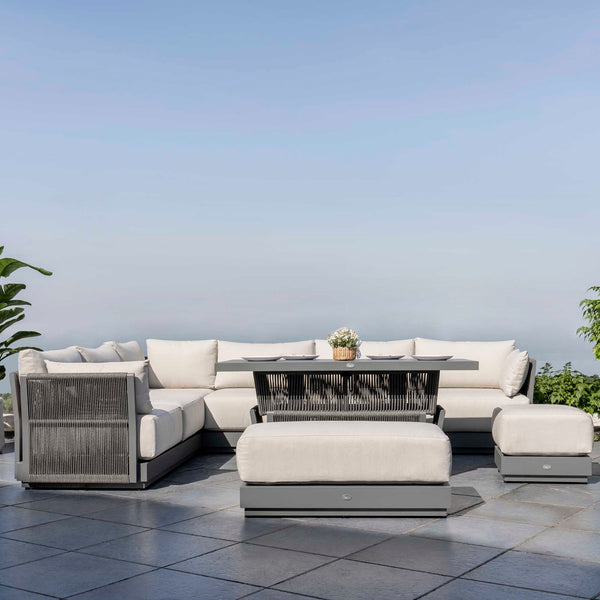 Pedra Rope and Aluminium Large Corner Casual Dining Set with Rising Table, Grey