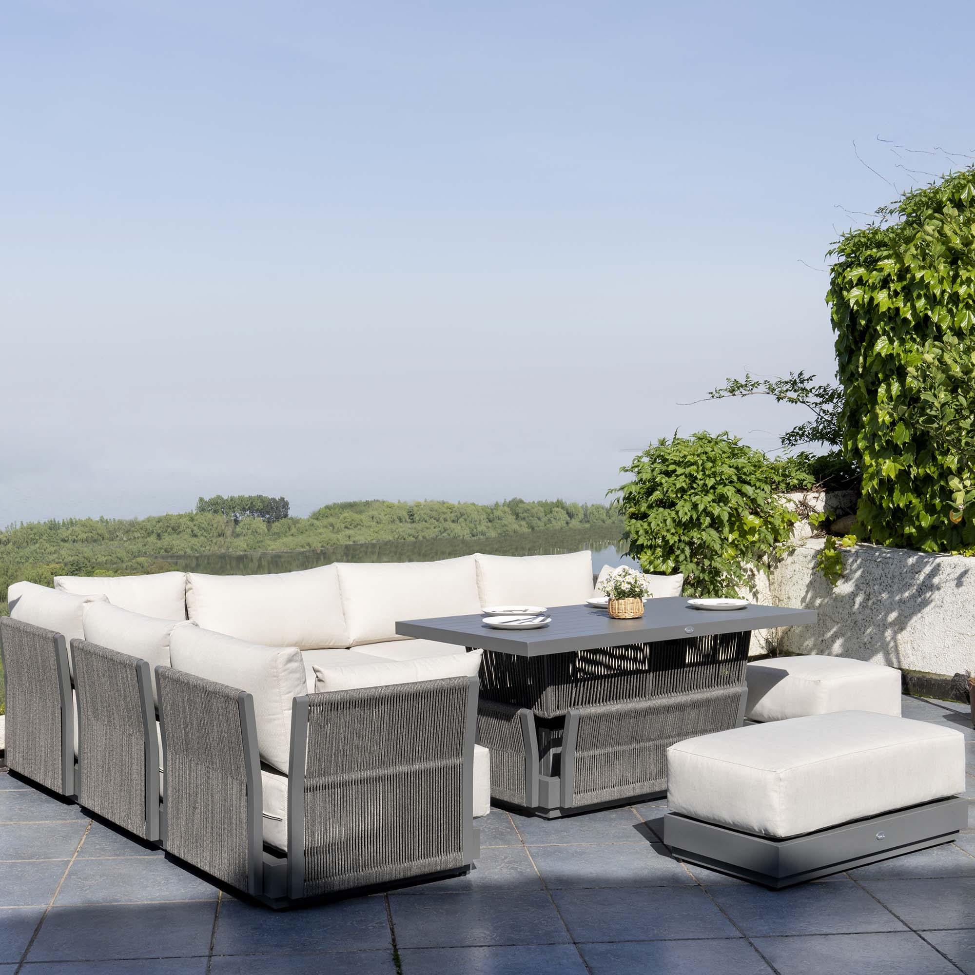 Salone Rising Table Pedra Rope and Aluminium Large Corner Dining Set with Rising Table in ...