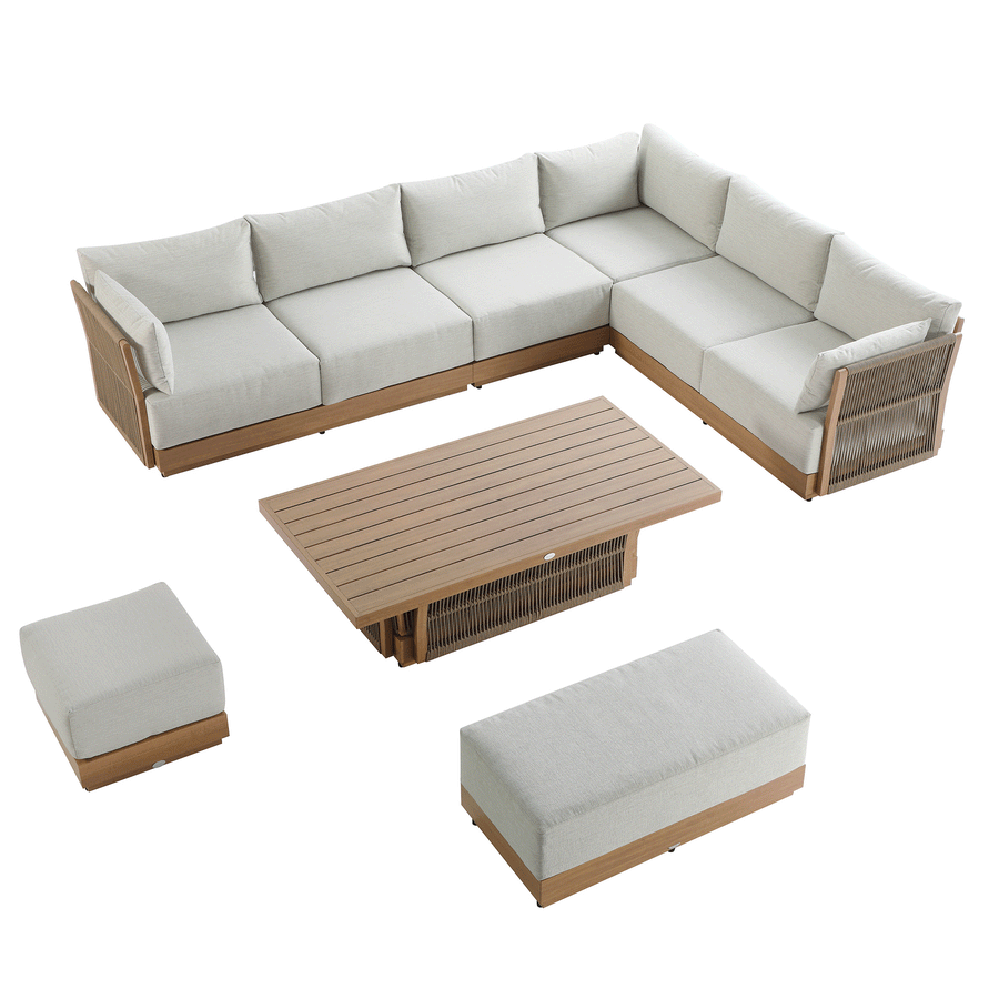 Pedra Rope and Aluminium Large Corner Casual Dining Set with Rising Table, Natural
