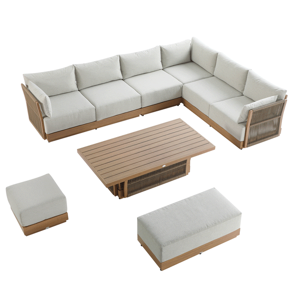 Pedra Rope and Aluminium Large Corner Casual Dining Set with Rising Table, Natural