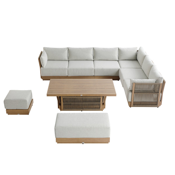 Pedra Rope and Aluminium Large Corner Casual Dining Set with Rising Table, Natural