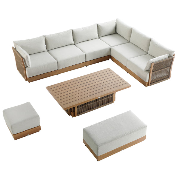 Pedra Rope and Aluminium Large Corner Casual Dining Set with Rising Table, Natural