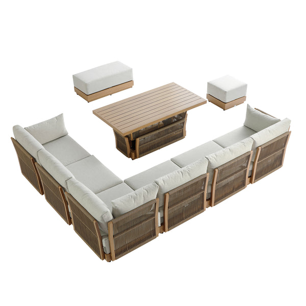 Pedra Rope and Aluminium Large Corner Casual Dining Set with Rising Table, Natural