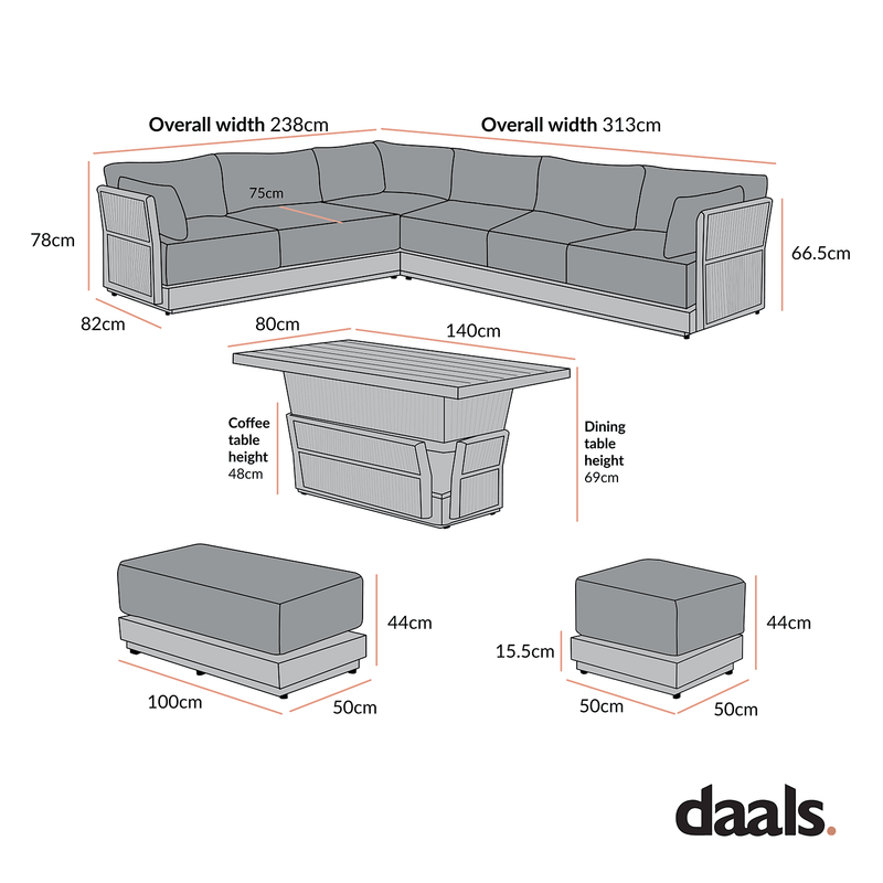 Pedra Rope and Aluminium Large Corner Casual Dining Set with Rising Table, Grey