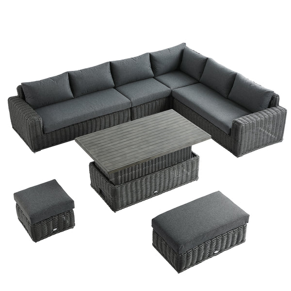 Bellagio Round Wicker Large Corner Casual Dining Set with Rising Table, Dark Grey