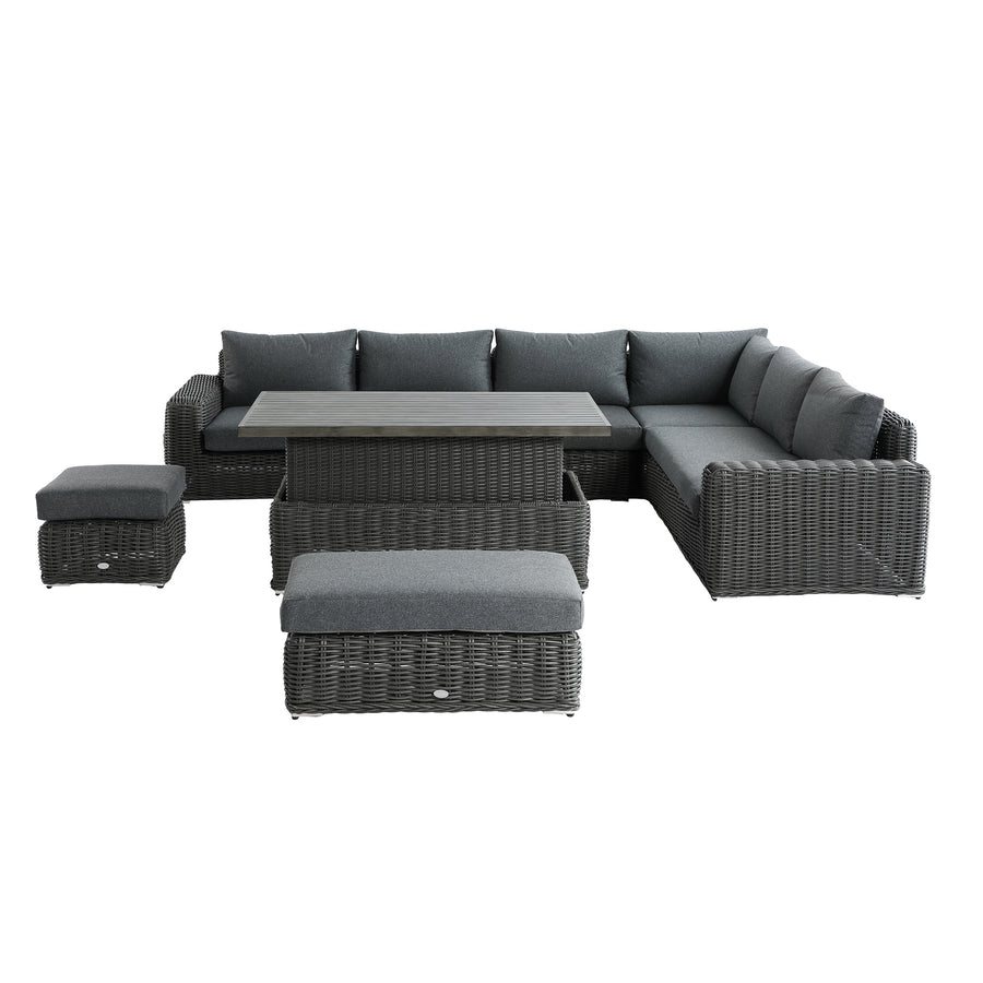 Bellagio Round Wicker Large Corner Casual Dining Set with Rising Table, Dark Grey