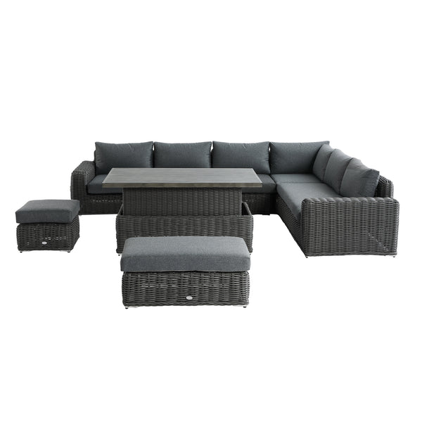 Bellagio Round Wicker Large Corner Casual Dining Set with Rising Table, Dark Grey