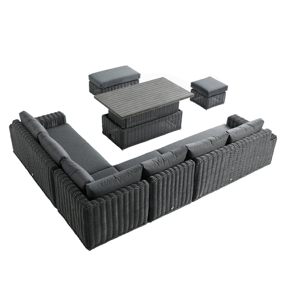 Bellagio Round Wicker Large Corner Casual Dining Set with Rising Table, Dark Grey