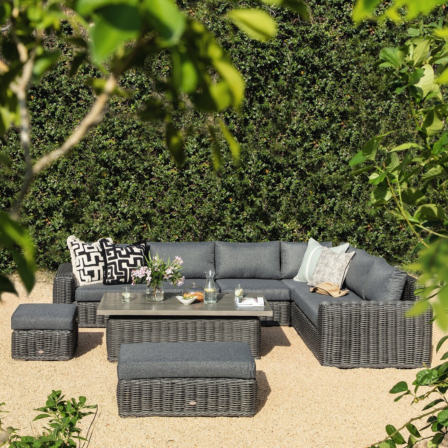 Bellagio Round Wicker Large Corner Casual Dining Set with Rising Table, Dark Grey