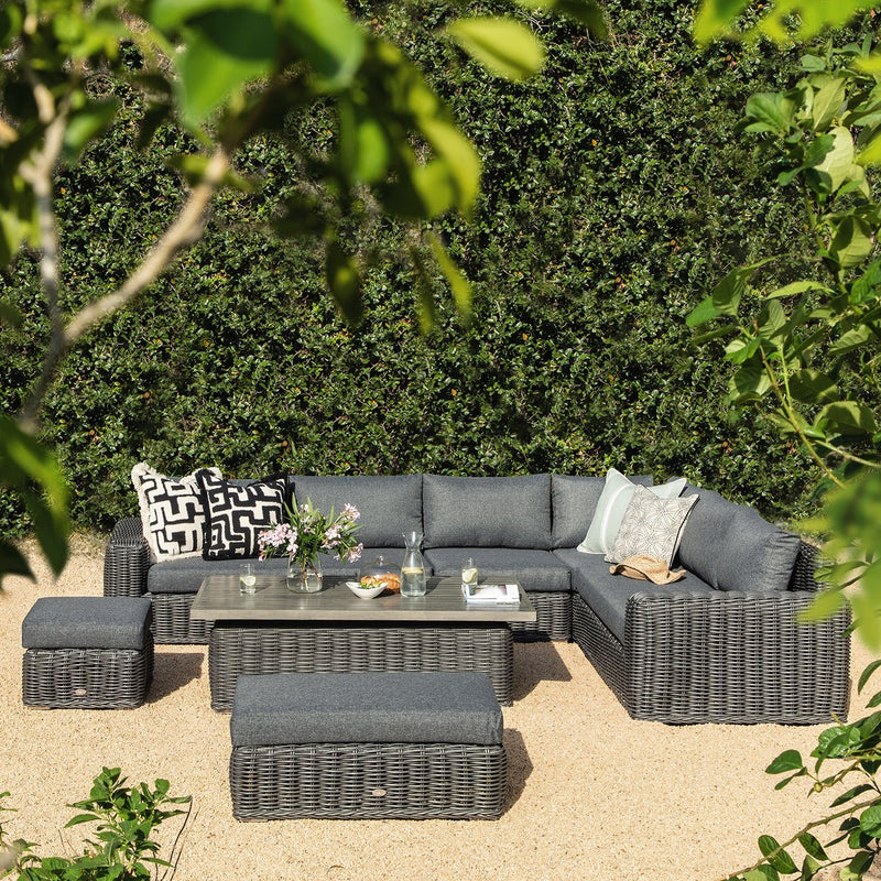 Bellagio Round Wicker Large Corner Casual Dining Set with Rising Table, Dark Grey - daals