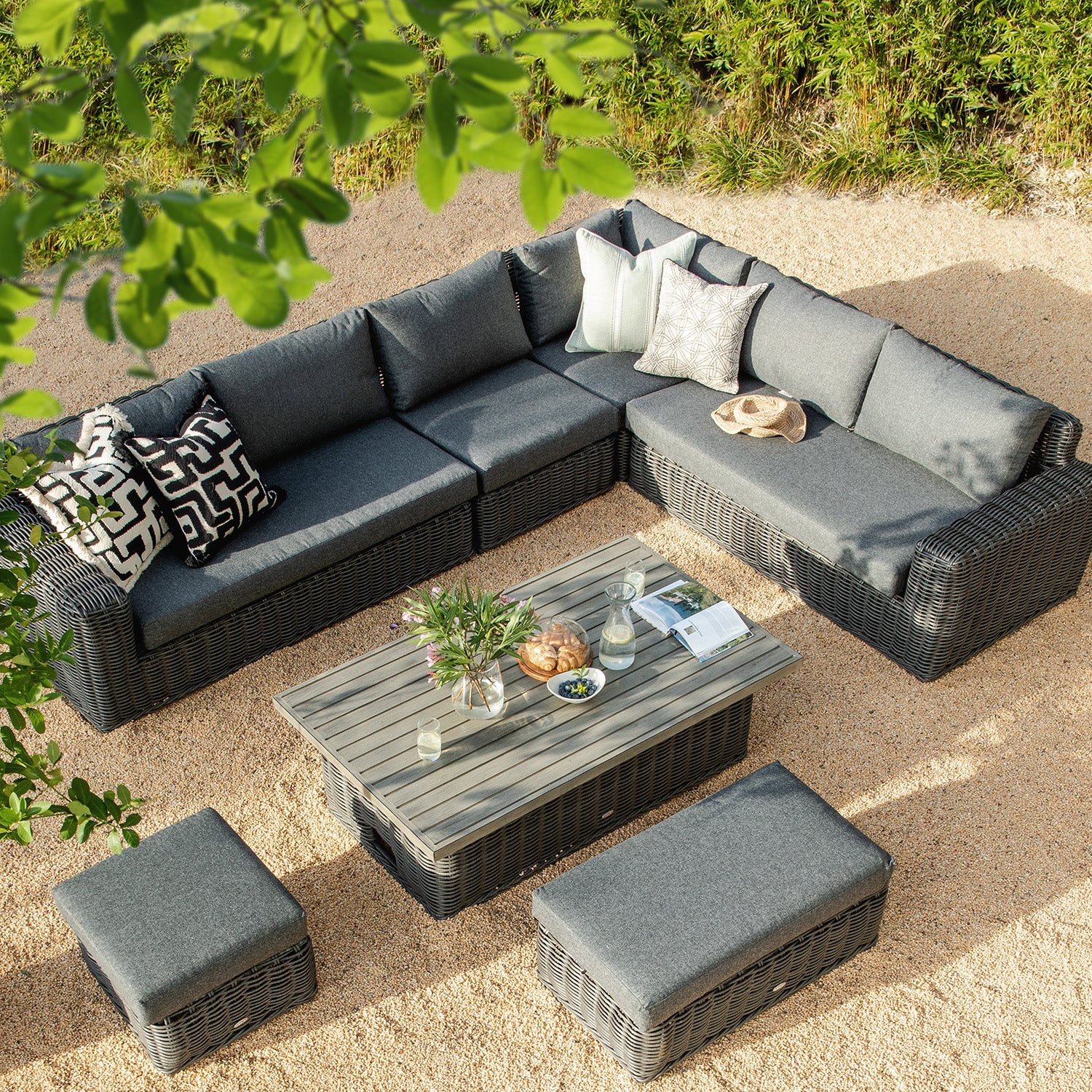 Salone Rising Table Bellagio Wicker Corner Casual Dining Sofa with Rising Table, Dark Grey ...