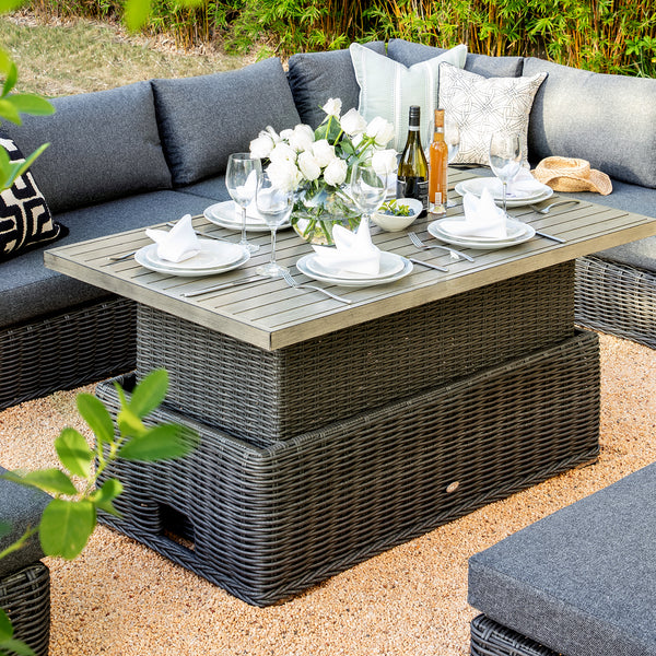 Bellagio Round Wicker Large Corner Casual Dining Set with Rising Table, Dark Grey