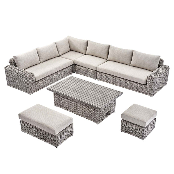 Bellagio Round Wicker Large Corner Casual Dining Set with Rising Table, Light Grey