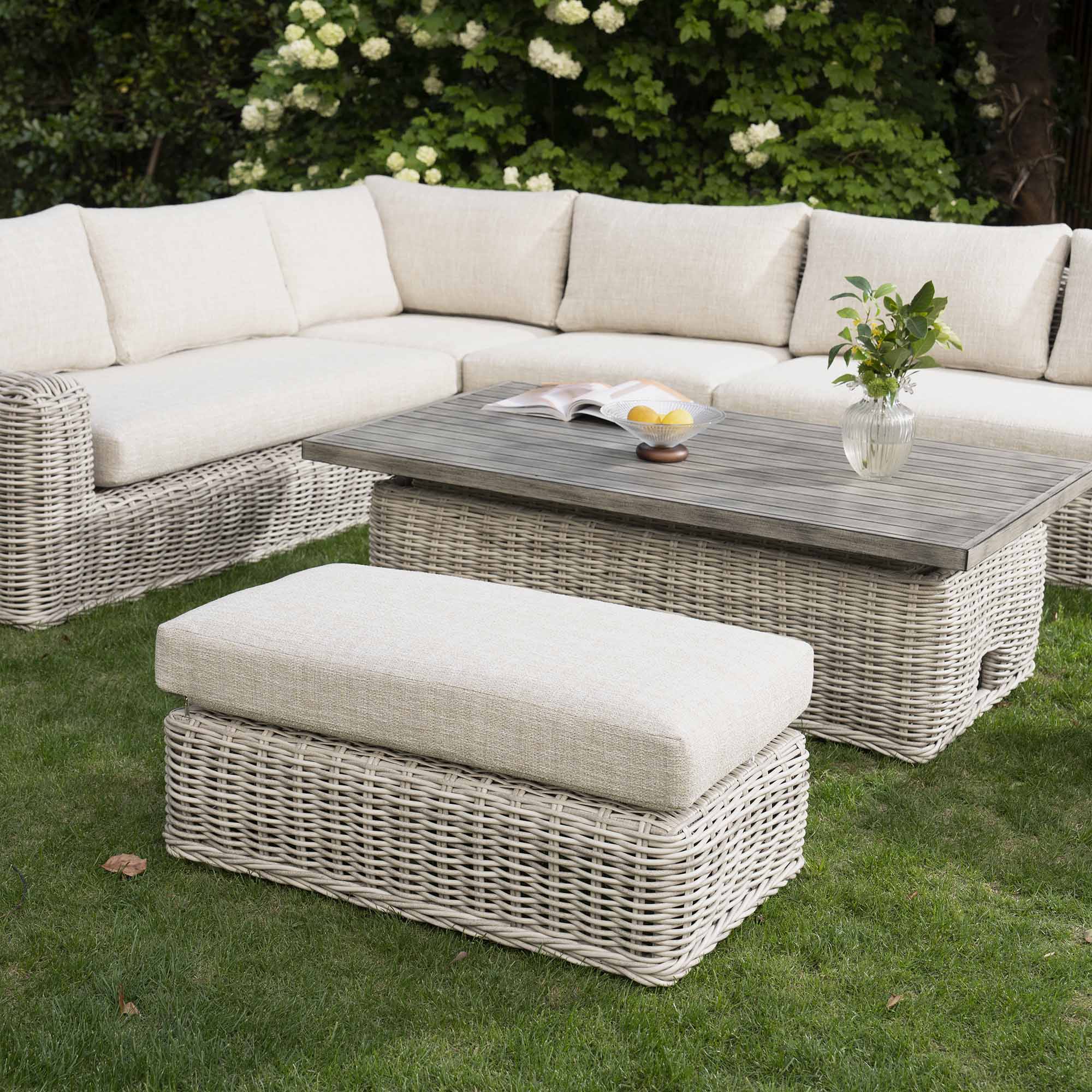 Massive Rising Table Bellagio Large Wicker Corner Dining Set with Rising Table, Light Grey ...