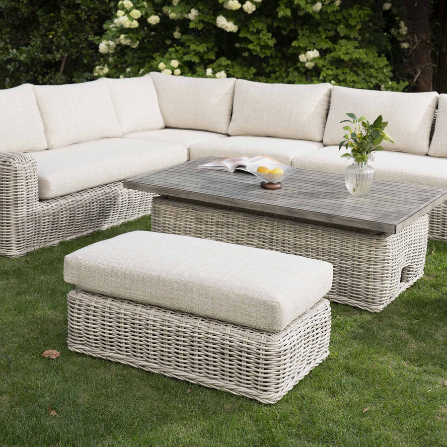 Bellagio Round Wicker Large Corner Casual Dining Set with Rising Table, Light Grey