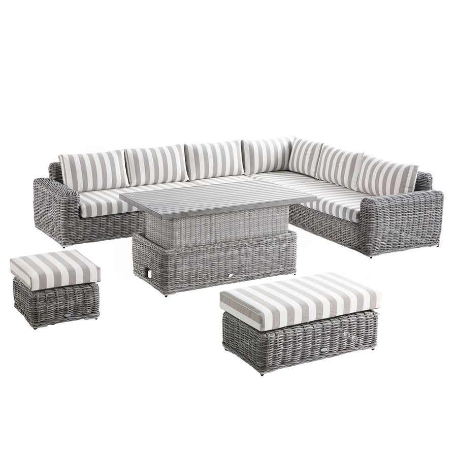 Bellagio Round Wicker Large Corner Casual Dining Set with Rising Table, Light Grey with Taupe Stripes