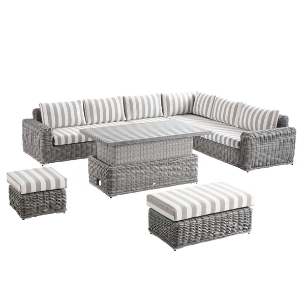 Bellagio Round Wicker Large Corner Casual Dining Set with Rising Table, Light Grey with Taupe Stripes - daals