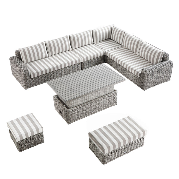 Bellagio Round Wicker Large Corner Casual Dining Set with Rising Table, Light Grey with Taupe Stripes