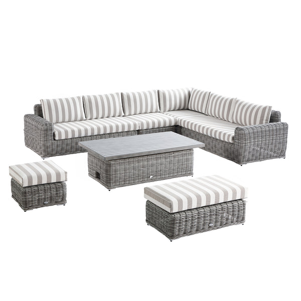 Bellagio Round Wicker Large Corner Casual Dining Set with Rising Table, Light Grey with Taupe Stripes