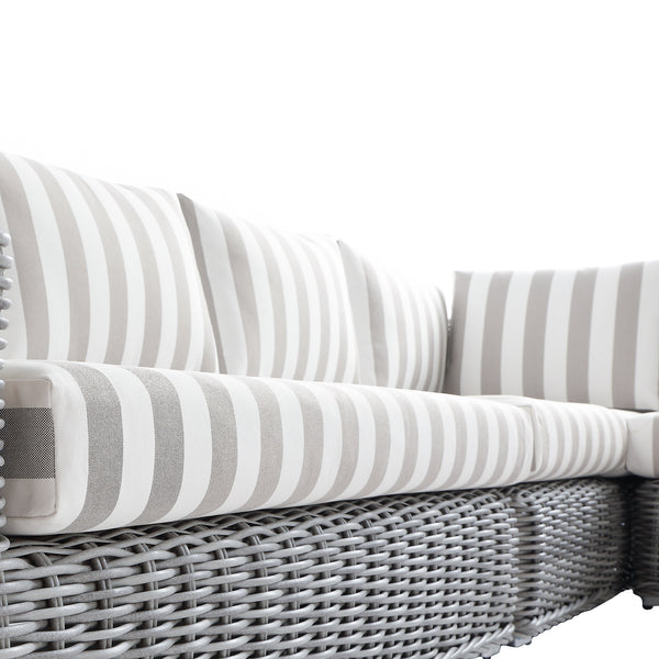 Bellagio Round Wicker Large Corner Casual Dining Set with Rising Table, Light Grey with Taupe Stripes