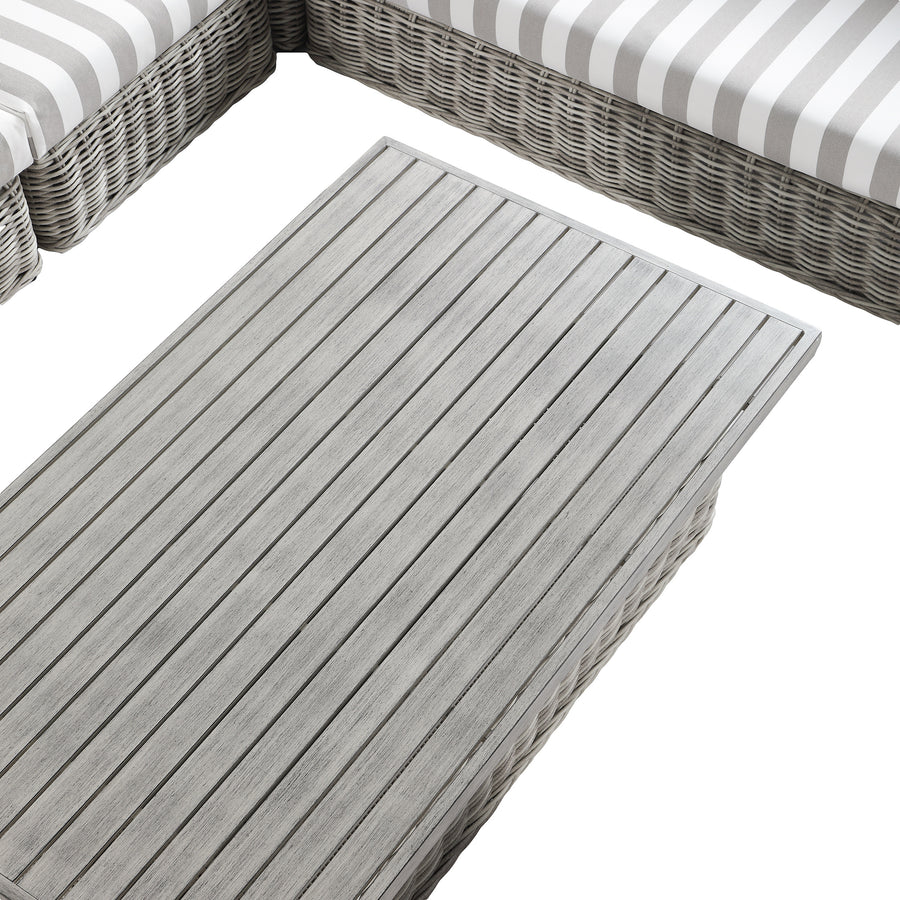 Bellagio Round Wicker Large Corner Casual Dining Set with Rising Table, Light Grey with Taupe Stripes