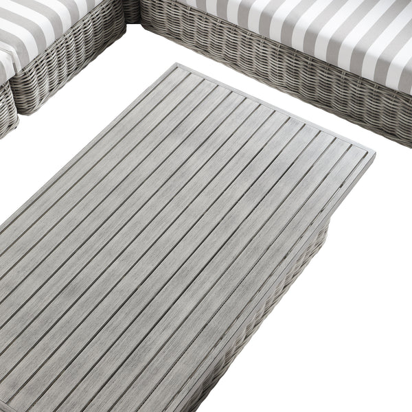 Bellagio Round Wicker Large Corner Casual Dining Set with Rising Table, Light Grey with Taupe Stripes