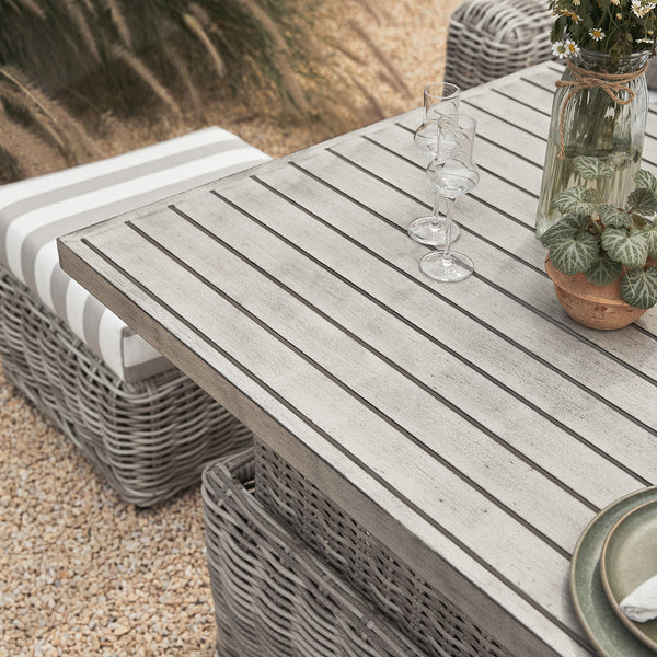 Bellagio Round Wicker Large Corner Casual Dining Set with Rising Table, Light Grey with Taupe Stripes - daals
