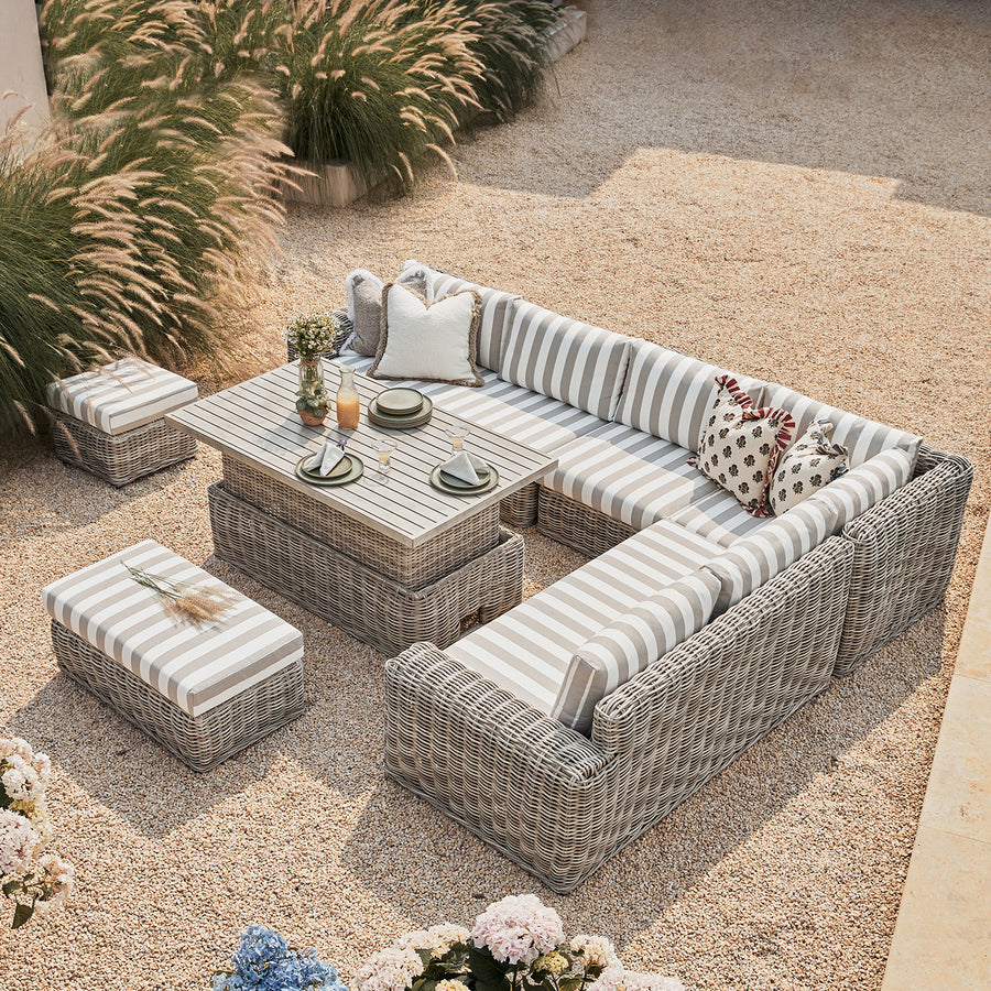 Bellagio Round Wicker Large Corner Casual Dining Set with Rising Table, Light Grey with Taupe Stripes