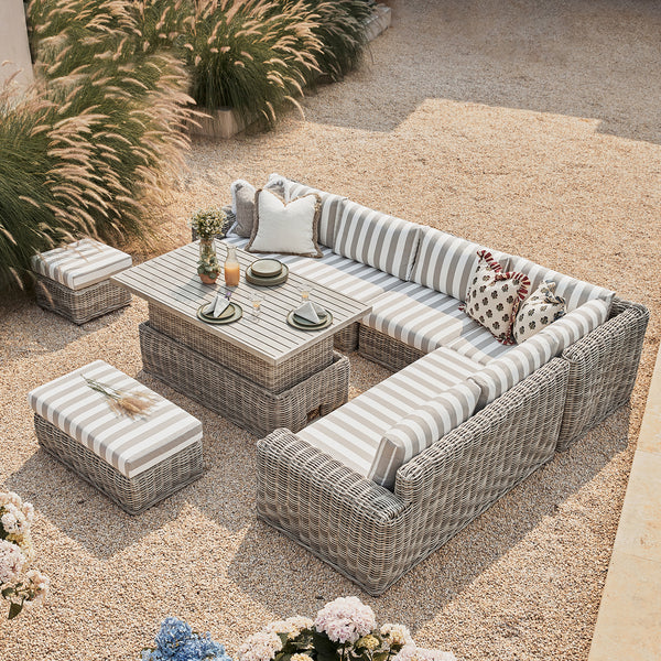 Bellagio Round Wicker Large Corner Casual Dining Set with Rising Table, Light Grey with Taupe Stripes - daals