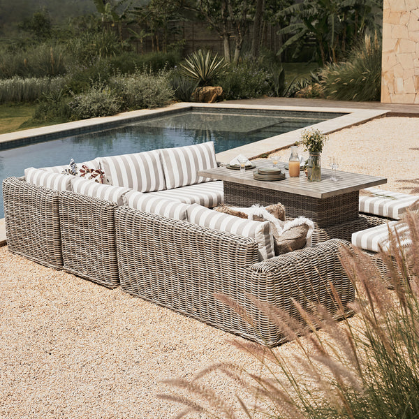 Bellagio Round Wicker Large Corner Casual Dining Set with Rising Table, Light Grey with Taupe Stripes - daals