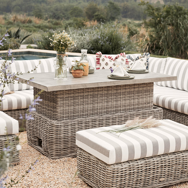 Bellagio Round Wicker Large Corner Casual Dining Set with Rising Table, Light Grey with Taupe Stripes - daals