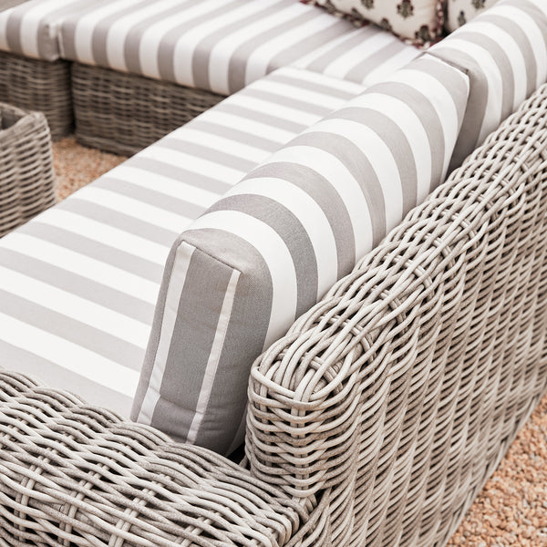 Bellagio Round Wicker Large Corner Casual Dining Set with Rising Table, Light Grey with Taupe Stripes - daals