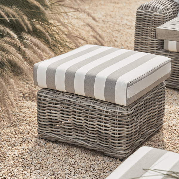 Bellagio Round Wicker Large Corner Casual Dining Set with Rising Table, Light Grey with Taupe Stripes - daals