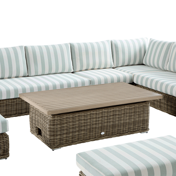 Bellagio Round Wicker Large Corner Casual Dining Set with Rising Table, Natural with Sage Stripes - daals