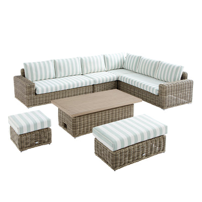 Bellagio Round Wicker Large Corner Casual Dining Set with Rising Table, Natural with Sage Stripes