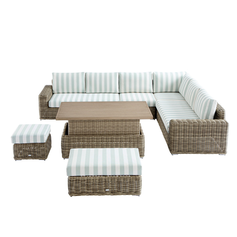 Bellagio Round Wicker Large Corner Casual Dining Set with Rising Table, Natural with Sage Stripes