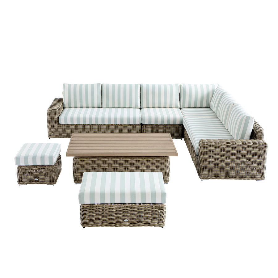 Bellagio Round Wicker Large Corner Casual Dining Set with Rising Table, Natural with Sage Stripes