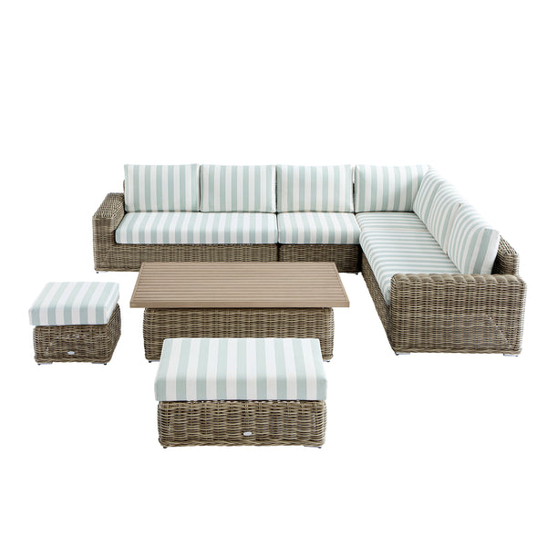 Bellagio Round Wicker Large Corner Casual Dining Set with Rising Table, Natural with Sage Stripes - daals