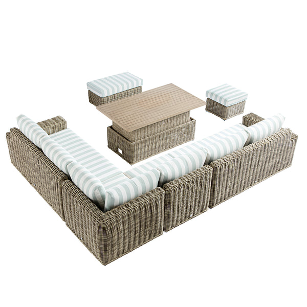 Bellagio Round Wicker Large Corner Casual Dining Set with Rising Table, Natural with Sage Stripes - daals