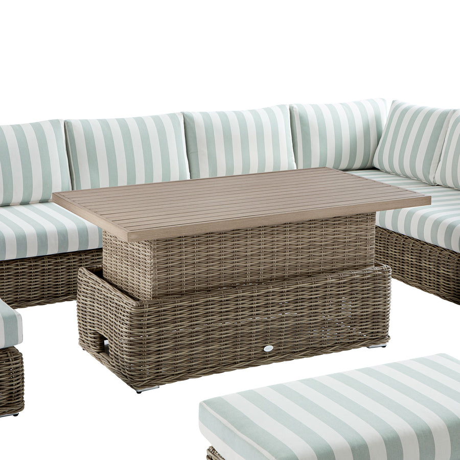 Bellagio Round Wicker Large Corner Casual Dining Set with Rising Table, Natural with Sage Stripes