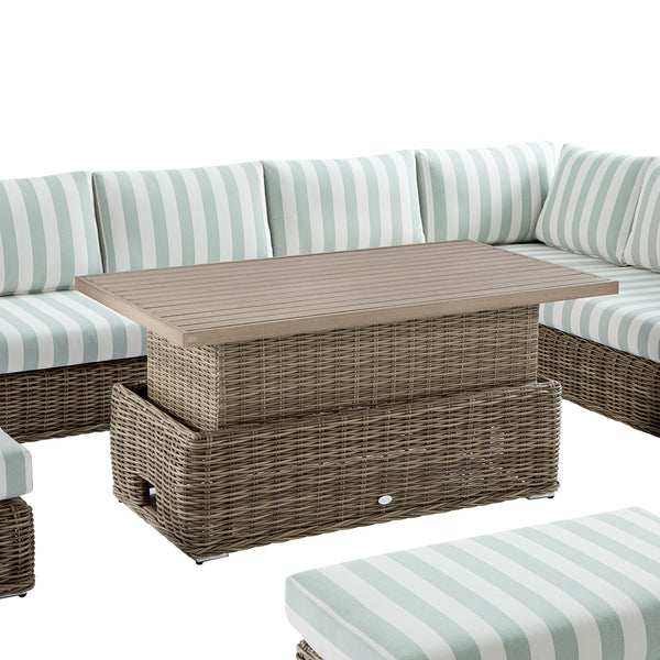 Bellagio Round Wicker Large Corner Casual Dining Set with Rising Table, Natural with Sage Stripes - daals