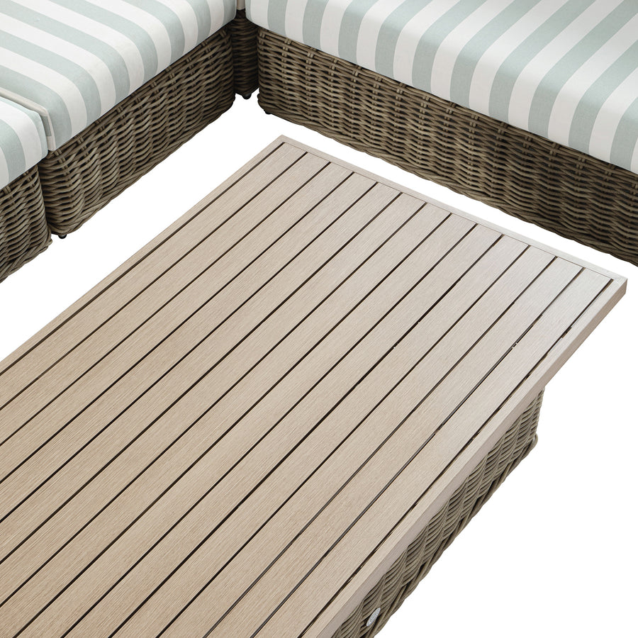 Bellagio Round Wicker Large Corner Casual Dining Set with Rising Table, Natural with Sage Stripes
