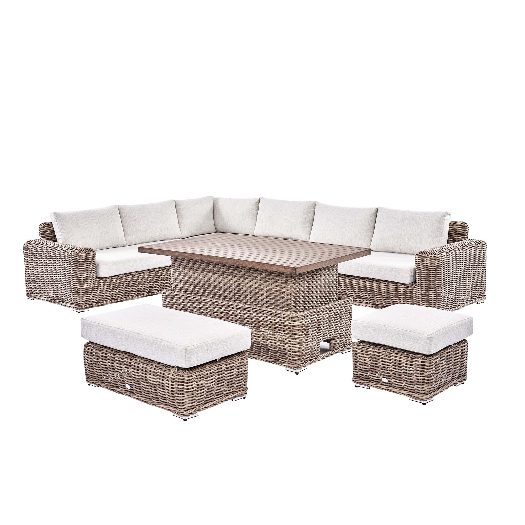 Bellagio Round Wicker Large Corner Casual Dining Set with Rising Table, Natural