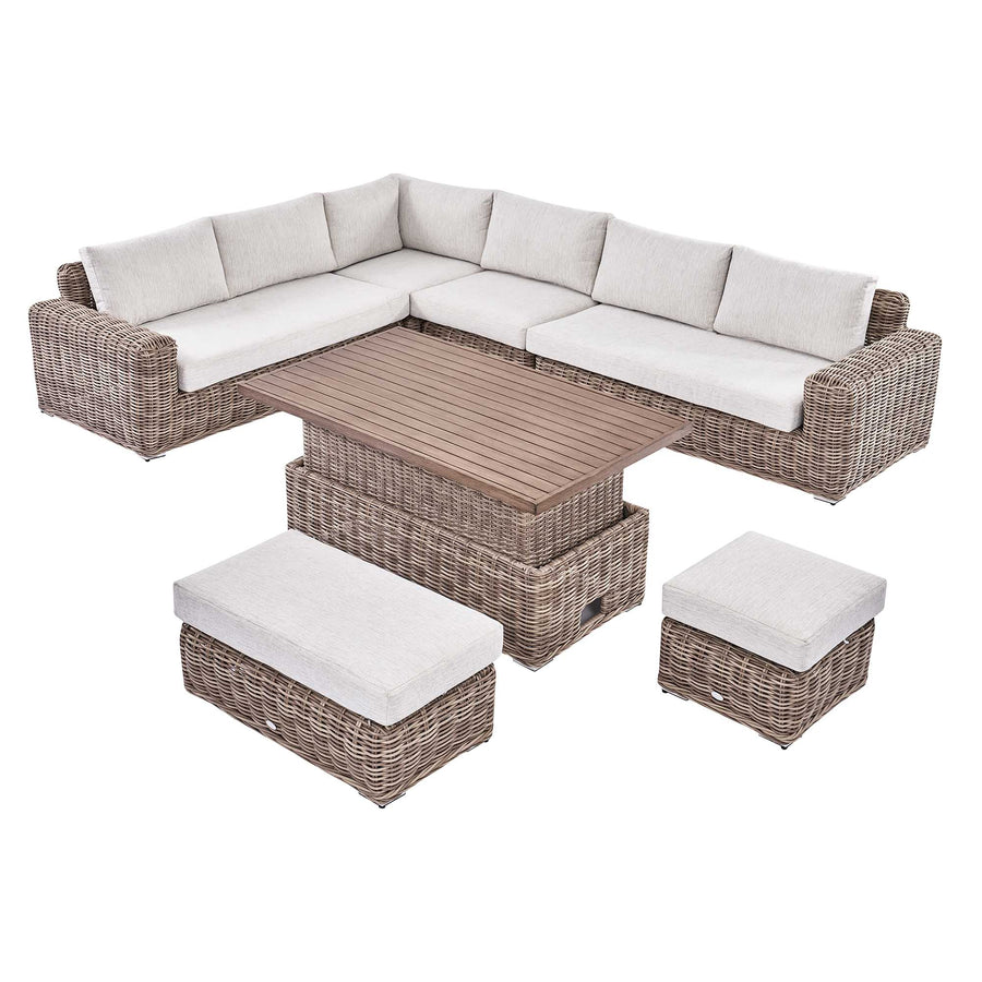 Bellagio Round Wicker Large Corner Casual Dining Set with Rising Table, Natural