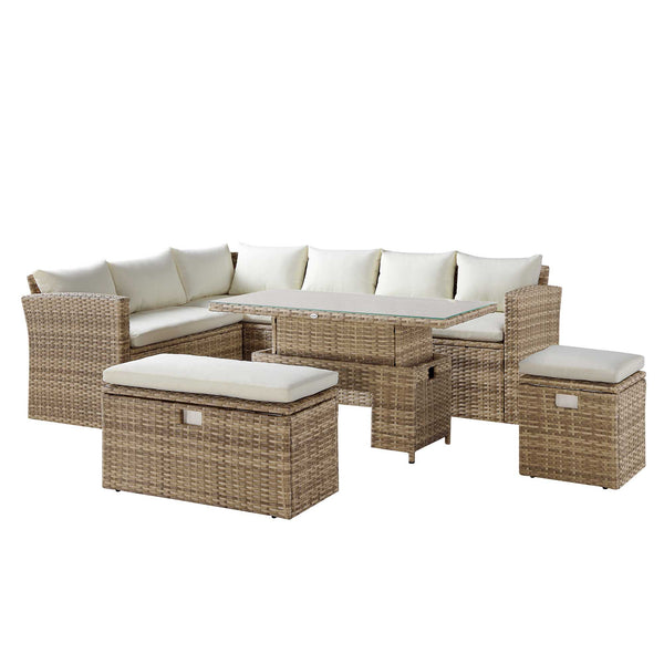 Granchester Rattan Rectangular Corner Dining Sofa Set with Rising Table, Natural